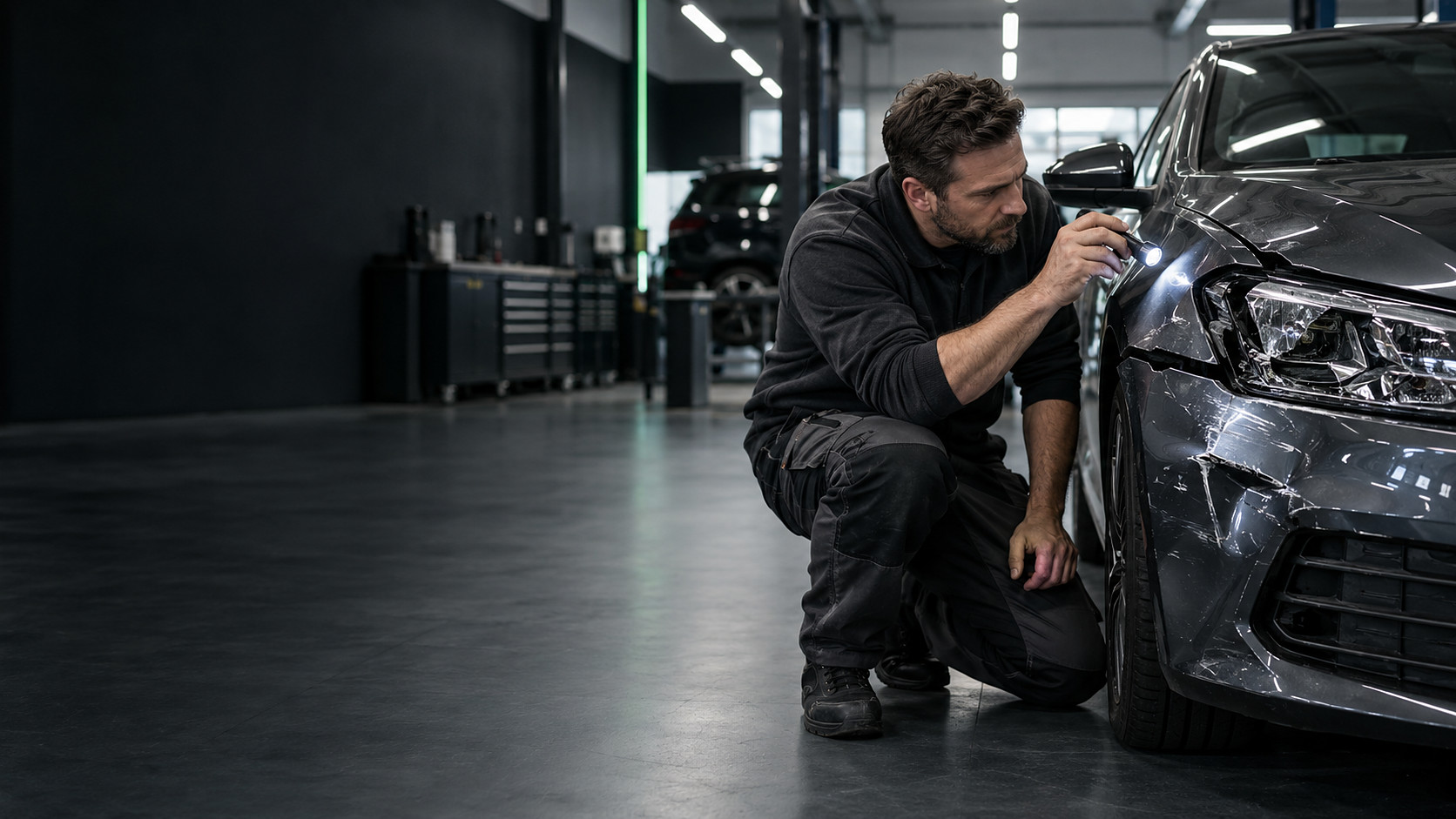Werkstatt von Autohaus Kindsvater mit Fahrzeug auf der Hebebühne