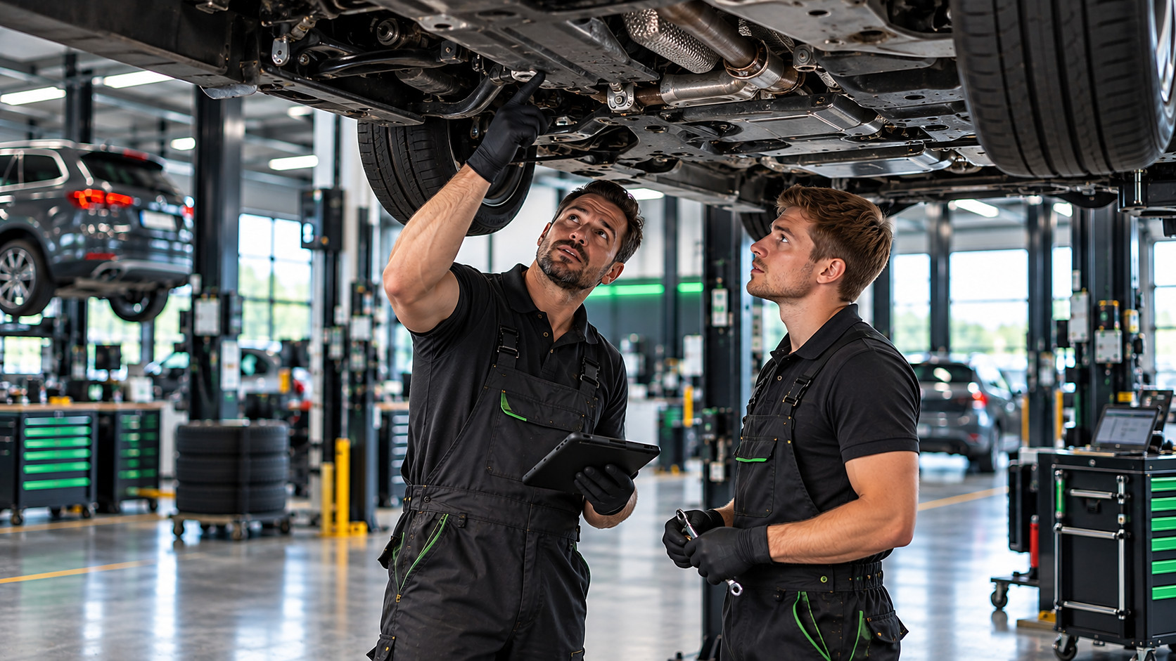 Werkstatt-Einblicke mit Fahrzeug auf der Hebebühne